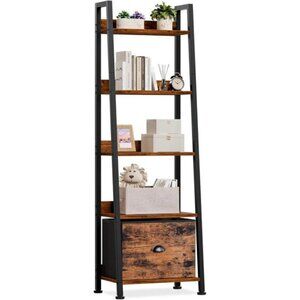 5-Tier Ladder Shelf, Rustic Wood Metal Bookshelf with Drawer for Home & Office